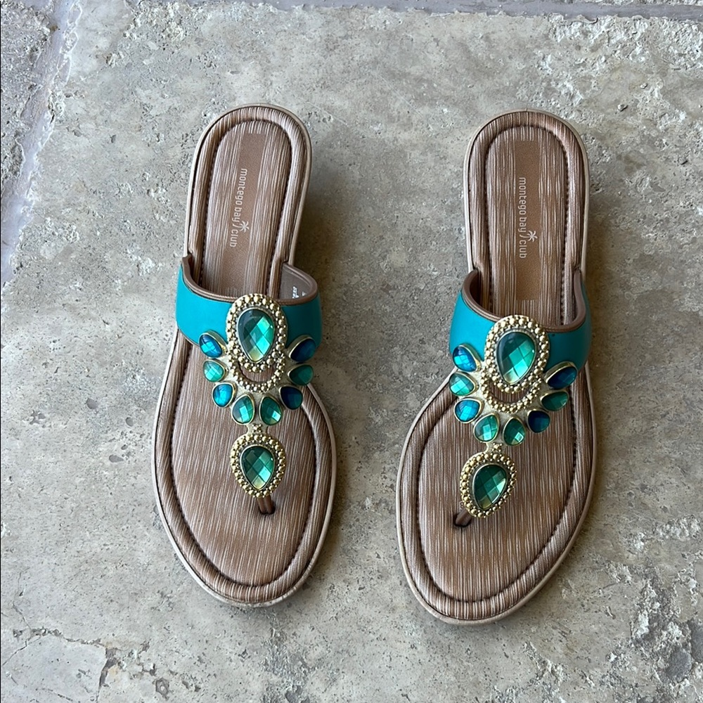 Montego Bay Club Blue and Tan Sandals with Ornate Embellishments